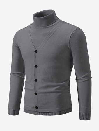 ダークグレー メンズ ニット セーター コート ハイカラー ボタン プラスサイズ プルオーバー