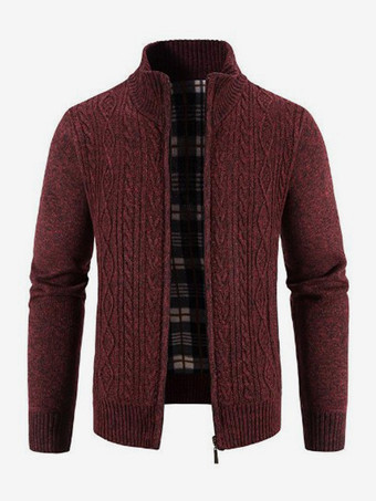ワインレッド メンズ ニットセーター ハイカラー 長袖 カーディガン コート