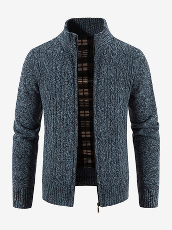 ブルー メンズ ニットセーター ハイカラー 長袖 カーディガン コート