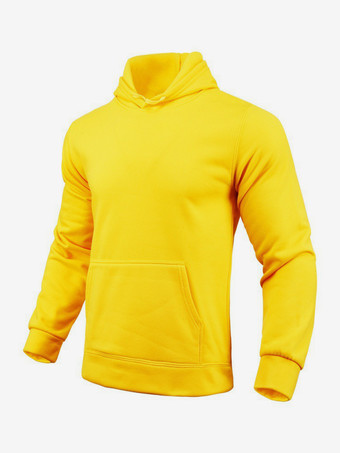 イエローメンズパーカー フリース 無地 フード付き プルオーバー カジュアル 長袖 トップス