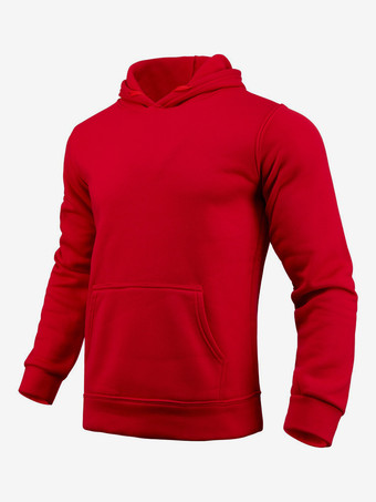 レッド メンズパーカー フリース 無地 フード付き プルオーバー カジュアル 長袖 トップス