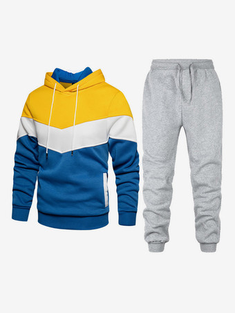 bleu Ensemble de sport deux pièces pour homme sweat-shirt à capuche et pantalon décontractés en patchwork
