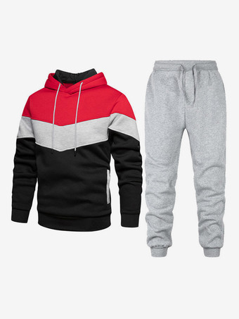 rouge Ensemble de sport deux pièces pour homme sweat-shirt à capuche et pantalon décontractés en patchwork