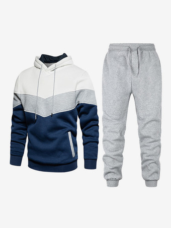 blanc Ensemble de sport deux pièces pour homme sweat-shirt à capuche et pantalon décontractés en patchwork