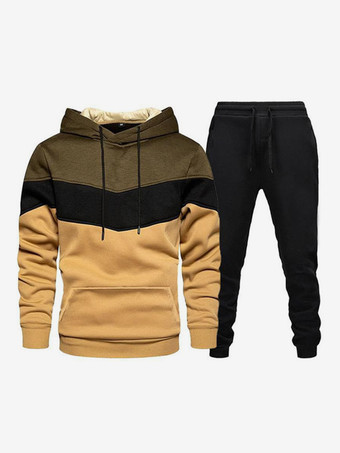 イエローメンズスポーツスーツ カジュアルフード付きスウェットシャツとズボンのツーピーススーツ