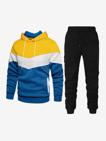 ブルー メンズスポーツスーツ カジュアルフード付きスウェットシャツとズボンのツーピーススーツ