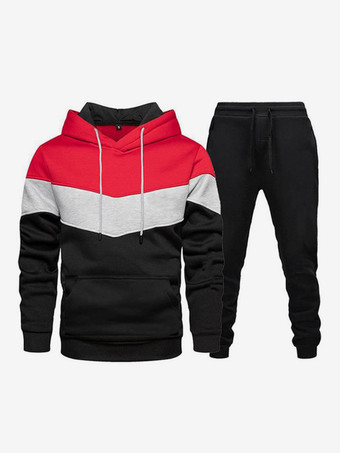 レッド メンズスポーツスーツ カジュアルフード付きスウェットシャツとズボンのツーピーススーツ
