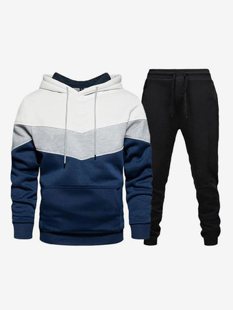 ホワイト メンズスポーツスーツ カジュアルフード付きスウェットシャツとズボンのツーピーススーツ
