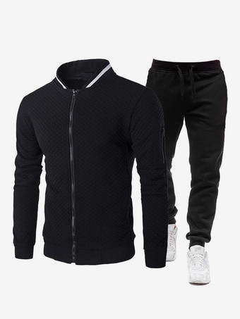 ブラック メンズ ツーピースセット ジッパーアップジャケットとスリムパンツ