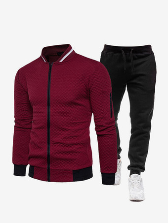 ワインレッド メンズ ツーピースセット ジッパーアップジャケットとスリムパンツ