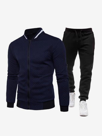 ダークネイビーメンズ ツーピースセット ジッパーアップジャケットとスリムパンツ
