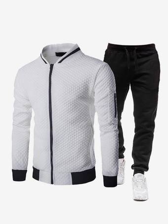 ホワイト メンズ ツーピースセット ジッパーアップジャケットとスリムパンツ