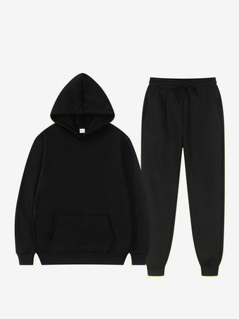 ブラック メンズ ツーピースセット フリース スウェットシャツ メンズ パーカーとパンツ