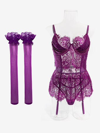 セクシーなランジェリー 3ピース 花柄 パープル ブラ パンティ セット ストッキング付き