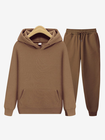 ブラウン メンズ ツーピースセット フリース スウェットシャツ メンズ パーカーとパンツ
