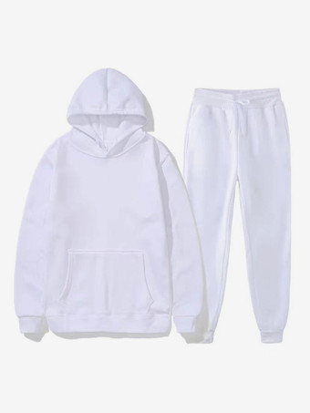 ホワイト メンズ ツーピースセット フリース スウェットシャツ メンズ パーカーとパンツ