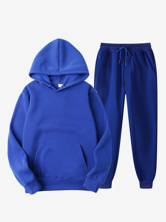ブルー メンズ ツーピースセット フリース スウェットシャツ メンズ パーカーとパンツ