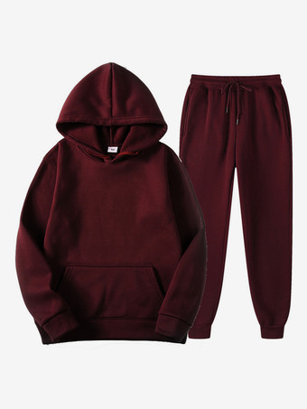 ワインレッド メンズ ツーピースセット フリース スウェットシャツ メンズ パーカーとパンツ