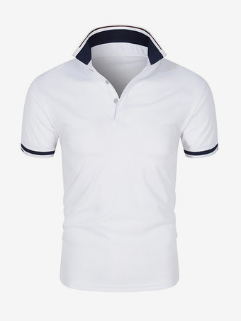ホワイト メンズ ポロシャツ 夏 半袖 Tシャツ ラペル 無地 カジュアル トップス