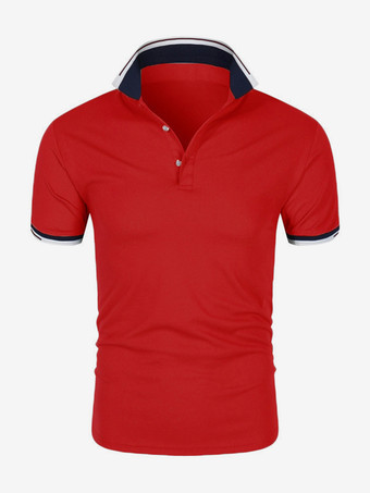 レッド メンズ ポロシャツ 夏 半袖 Tシャツ ラペル 無地 カジュアル トップス