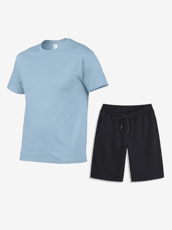 ライトスカイブルーメンズ レジャー Tシャツとボトムス フィットネス ランニング ショーツと Tシャツ セット