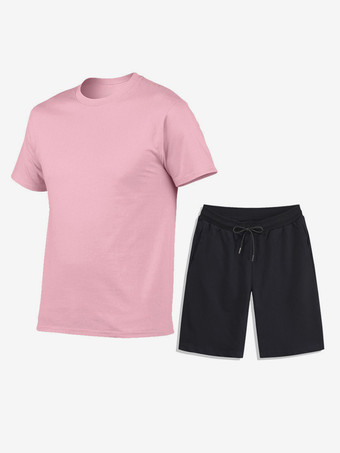 ピンクメンズ レジャー Tシャツとボトムス フィットネス ランニング ショーツと Tシャツ セット