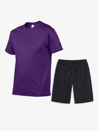 パープル メンズ レジャー Tシャツとボトムス フィットネス ランニング ショーツと Tシャツ セット