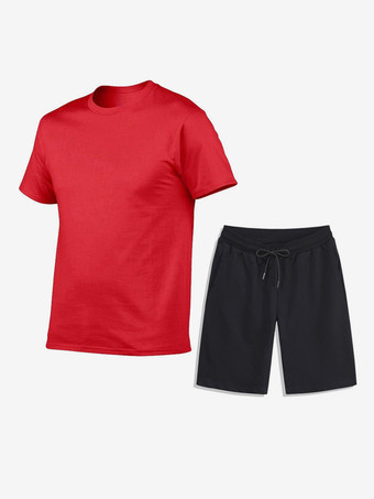レッド メンズ レジャー Tシャツとボトムス フィットネス ランニング ショーツと Tシャツ セット