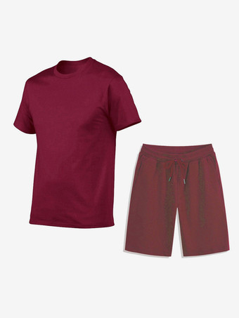 ワインレッド メンズ レジャー Tシャツとボトムス フィットネス ランニング ショーツと Tシャツ セット