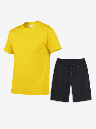 イエローメンズ レジャー Tシャツとボトムス フィットネス ランニング ショーツと Tシャツ セット