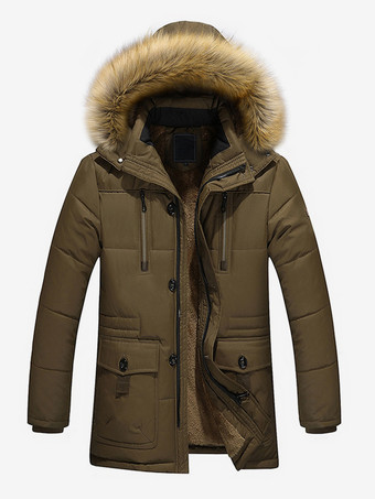 ブラウン メンズ ミドル丈 パーカーコート ゆったり コットンコート プラスサイズ フード付き 冬用コート