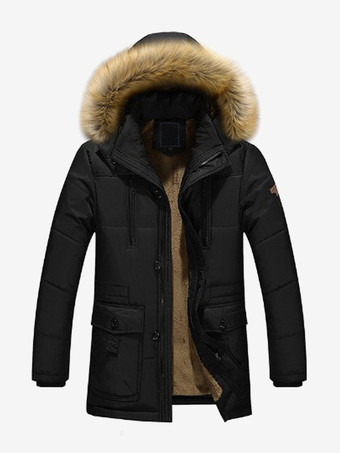 ブラック メンズ ミドル丈 パーカーコート ゆったり コットンコート プラスサイズ フード付き 冬用コート