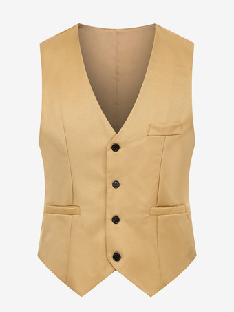 カーキ メンズ シングルブレスト ベスト スリムフィット ウエストコート ベスト