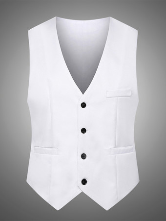 ホワイト メンズ シングルブレスト ベスト スリムフィット ウエストコート ベスト