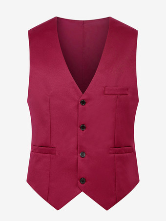 ワインレッド メンズ シングルブレスト ベスト スリムフィット ウエストコート ベスト