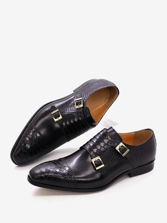 ブラック メンズ モンクローファー シューズ バックル スクエアトゥ 牛革 モンクストラップ モカシン オックスフォードシューズ