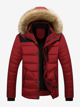 ワインレッド メンズ コットンコート フェイクファーカラー フード付き カジュアル プラスサイズ パーカー