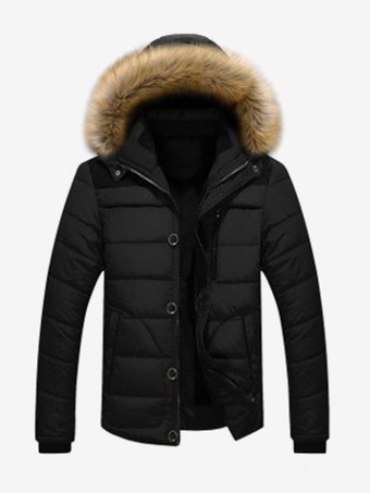ブラック メンズ コットンコート フェイクファーカラー フード付き カジュアル プラスサイズ パーカー
