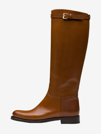 ブラウンブラック ニーハイブーツ フラット ラウンドトゥ バックルディテール 乗馬ブーツ レディース