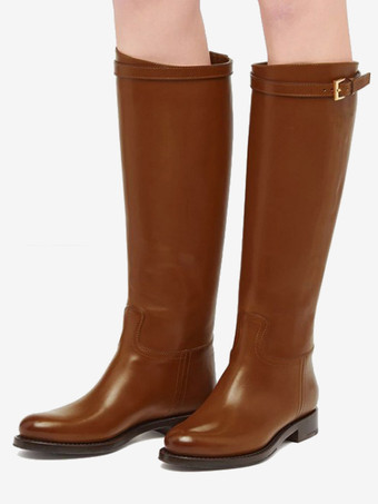 ブラック ニーハイブーツ フラット ラウンドトゥ バックルディテール 乗馬ブーツ レディース