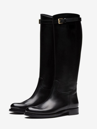 ブラック ブラック ニーハイブーツ フラット ラウンドトゥ バックルディテール 乗馬ブーツ レディース