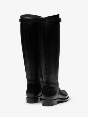 ブラック ニーハイブーツ フラット ラウンドトゥ バックルディテール 乗馬ブーツ レディース