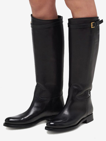 ブラック ニーハイブーツ フラット ラウンドトゥ バックルディテール 乗馬ブーツ レディース