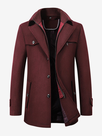 ワインレッド 男性用ウールコート 長袖 暖かいコート 冬物