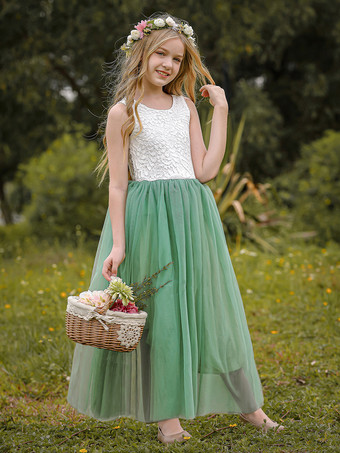 ウェディング フラワーガールドレス 特別な日のドレス セージ ノースリーブ レース