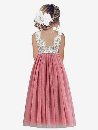 カメオピンクウェディング フラワーガールドレス 特別な日のドレス セージ ノースリーブ レース