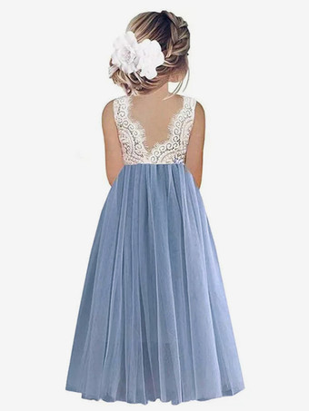 スチールブルーウェディング フラワーガールドレス 特別な日のドレス セージ ノースリーブ レース