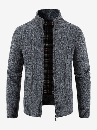 ダークグレー メンズ ニットセーター ハイカラー 長袖 カーディガン コート