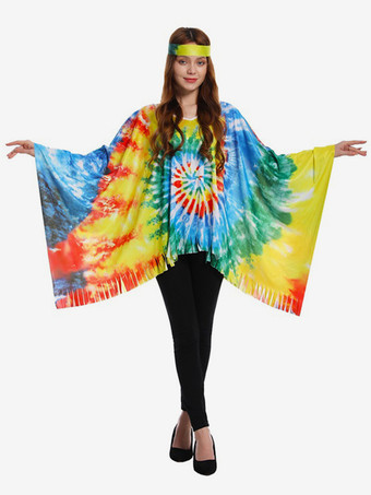 ヒッピーコスチューム レディース マルディグラ ノースリーブ レトロ マント ヘッドウェア付き