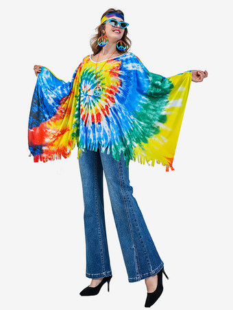 グリーン ヒッピーコスチューム レディース マルディグラ ノースリーブ レトロ マント ヘッドウェア付き